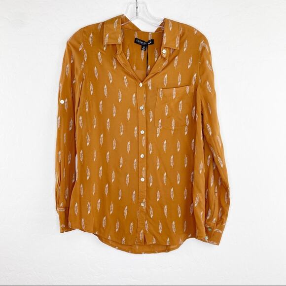 Living Doll Feathers Long Sleeve Button Up Blouse Camel Brown XS - Picture 1 of 11